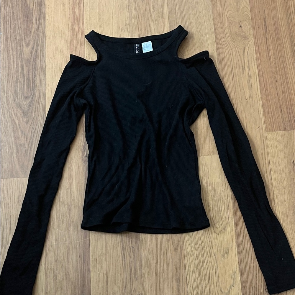 Divided Black Cold-Shoulder Ribbed Long Sleeve Top